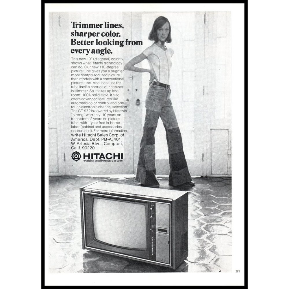 1974 Hitachi CT-972 TV Television CRT Vintage Print Ad Bell Bottoms Wall Art